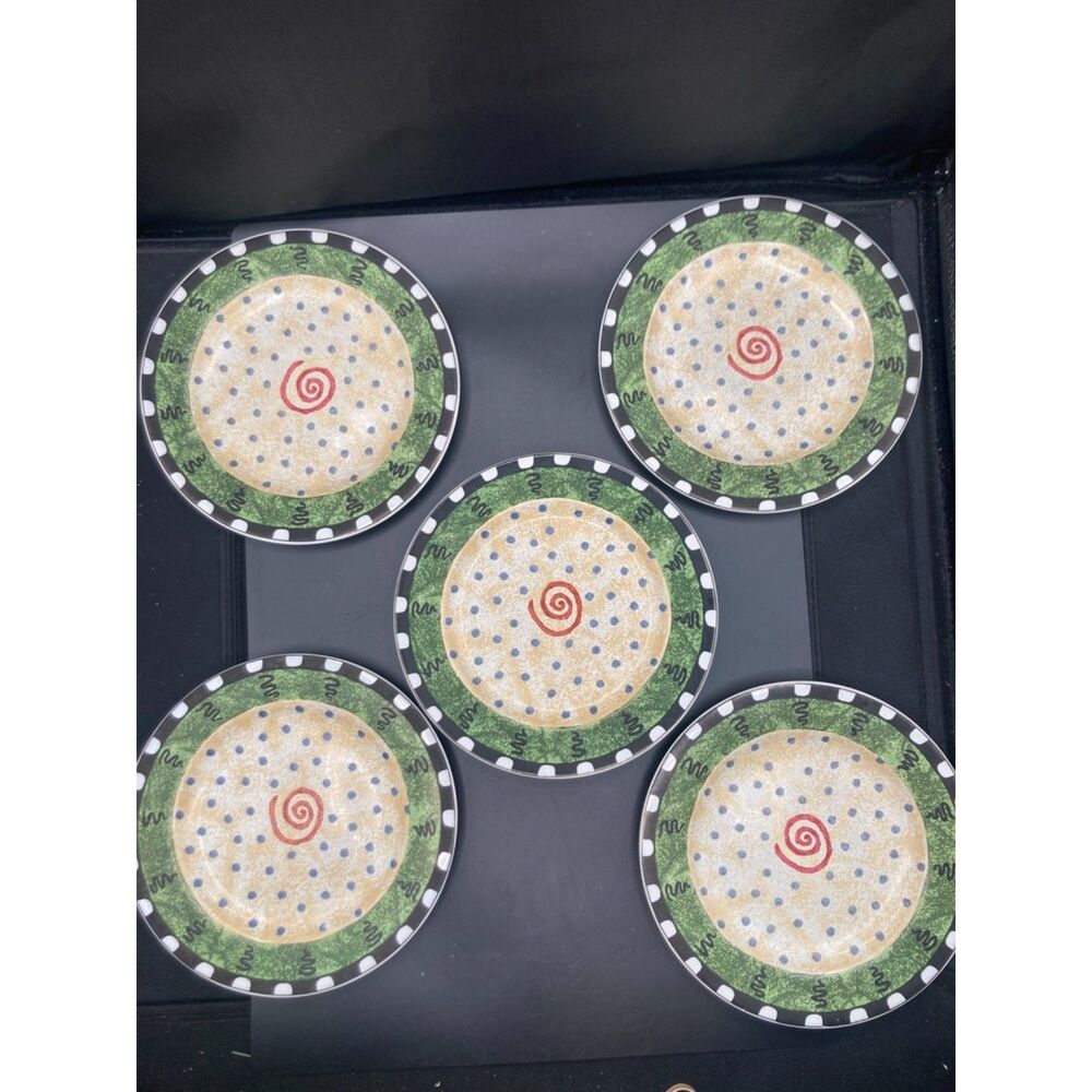 Furio Confetti Stoneware Salad Plates lot of 5 green & black trim